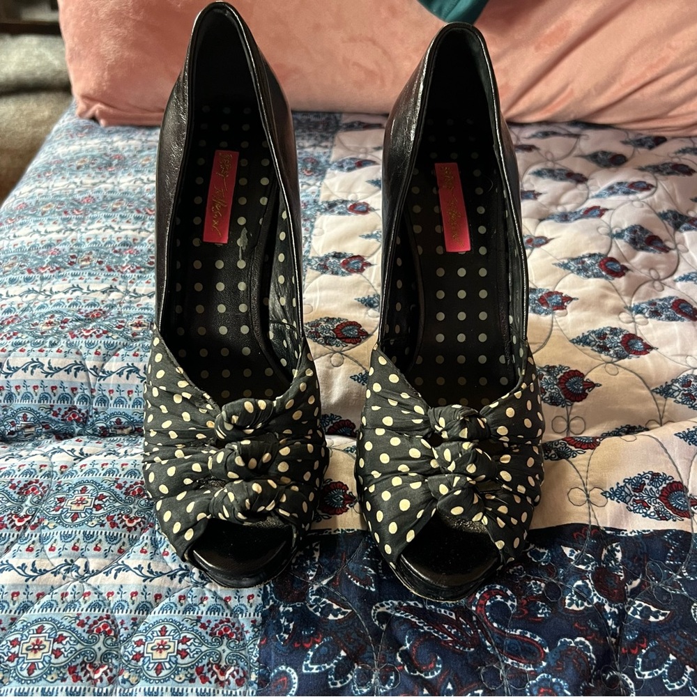 Betsey Johnson Black Polka Dot Peep Toe Heels